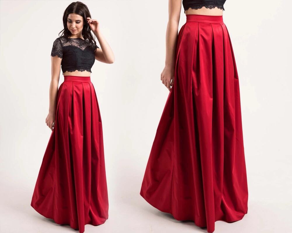 VTG 90s Oleg Cassini Black Tie Red Satin Formal Maxi Skirt 8 (25” Waist)